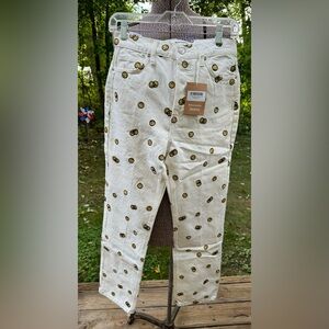 Reformation White High Rise Jeans with smiley faces
